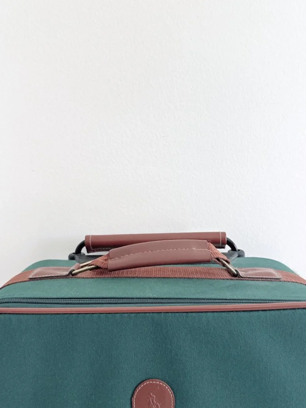 VINTAGE POLO RALPH LAUREN SUITCASE HUNTER GREEN CANVAS DESIGN BROWN LEATHER TRIM